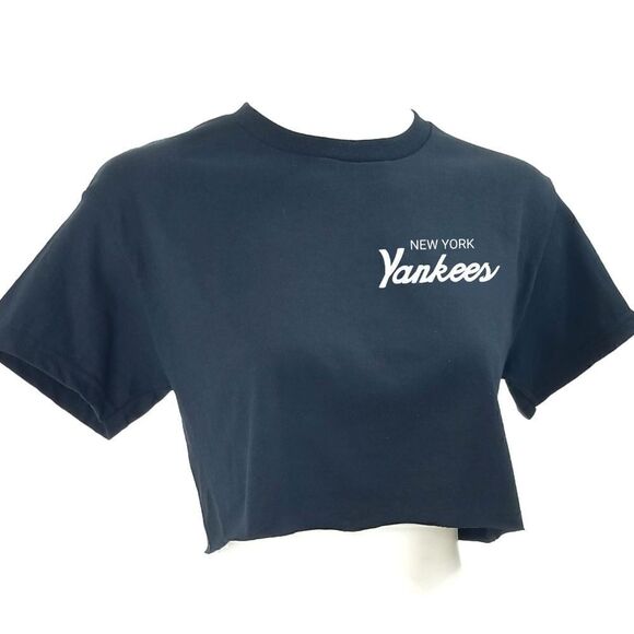 NEW YORK YANKEES Double Script Retro Logo MLB "Cropped" Crop Top Baseball Tee - Picture 2 of 6